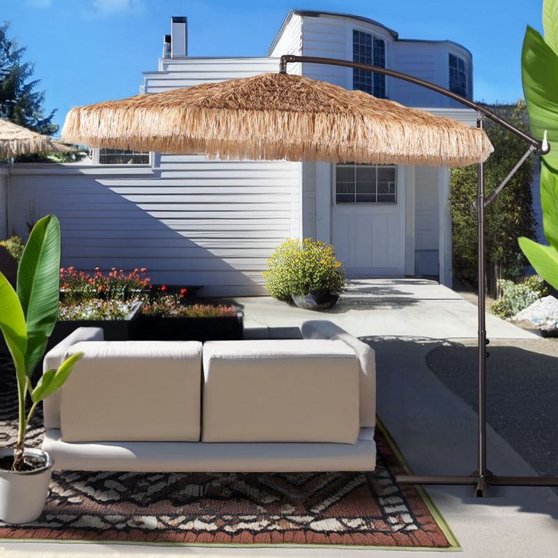 Aoodor 10FT Cantilever Tiki Thatch Patio Umbrella, Hand-Push Tilt Offset Umbrella for Outdoor, Natural Straw Look (No Base)