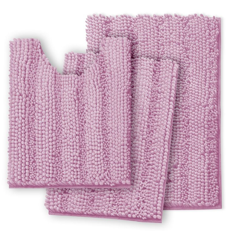 Hearth & Harbor 3 Piece Striped Bathroom Rug set, Ultra Soft Chenille Bathroom Rugs - Lilac