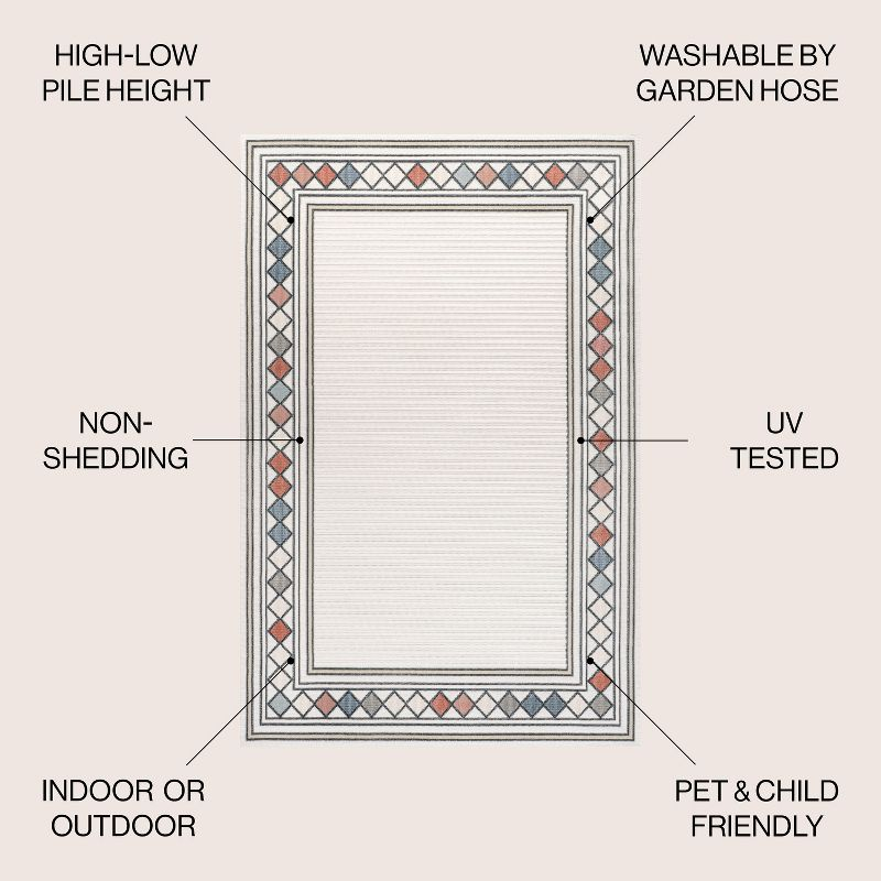 JONATHAN Y Sebastian High-Low Modern Diamond Border Ivory/Beige 4 ft. x 6 ft. Indoor/Outdoor Area Rug