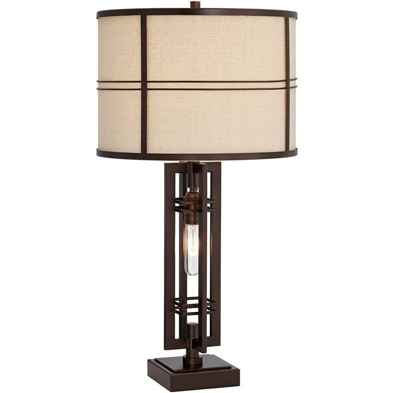 Franklin Iron Works Elias Modern Industrial Table Lamp 28" Tall Oiled Bronze with Nightlight Off White Oatmeal Drum Shade for Bedroom Living Room Kids
