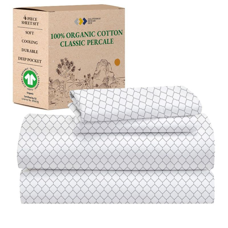 California Design Den 4-Piece Printed Full Sheets Set - 100% Organic Cotton Percale, Deep Pocket, - Quatrefoil Grey