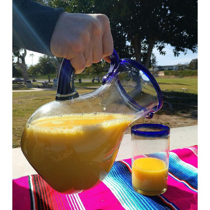 Dos Sueños Mexican Hand Blown  Pitcher - Blue Rim - 84oz -