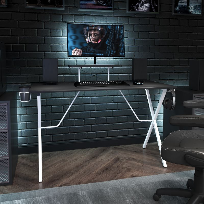 Flash Furniture Black Gaming Desk and White Frame with Cup Holder, Headphone Hook, and Monitor/Smartphone Stand