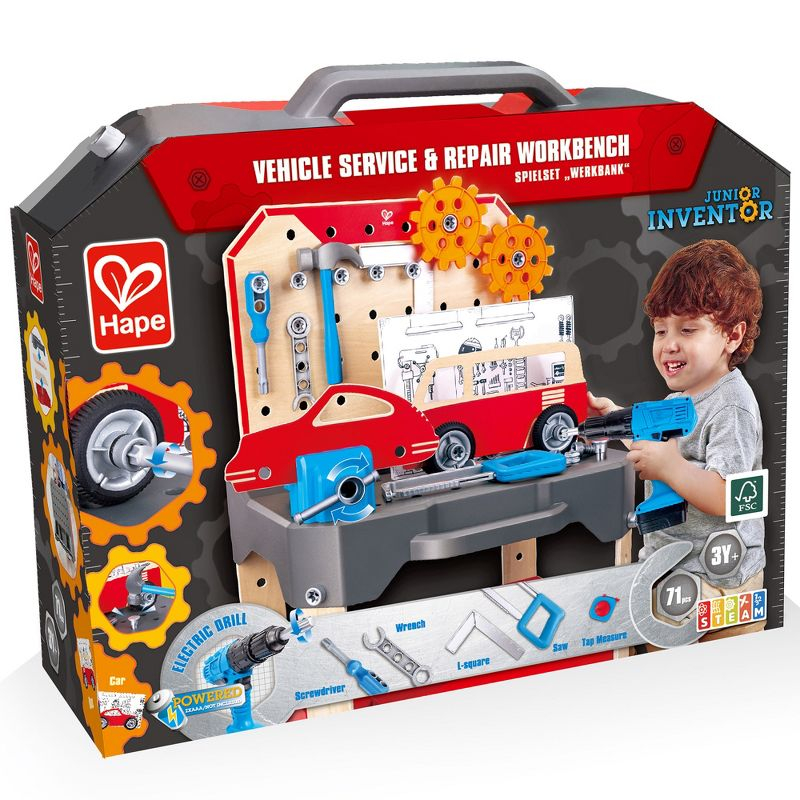 Hape: Junior Inventor: Vehicle Service & Repair Workbench - 71pc, Ages 3+