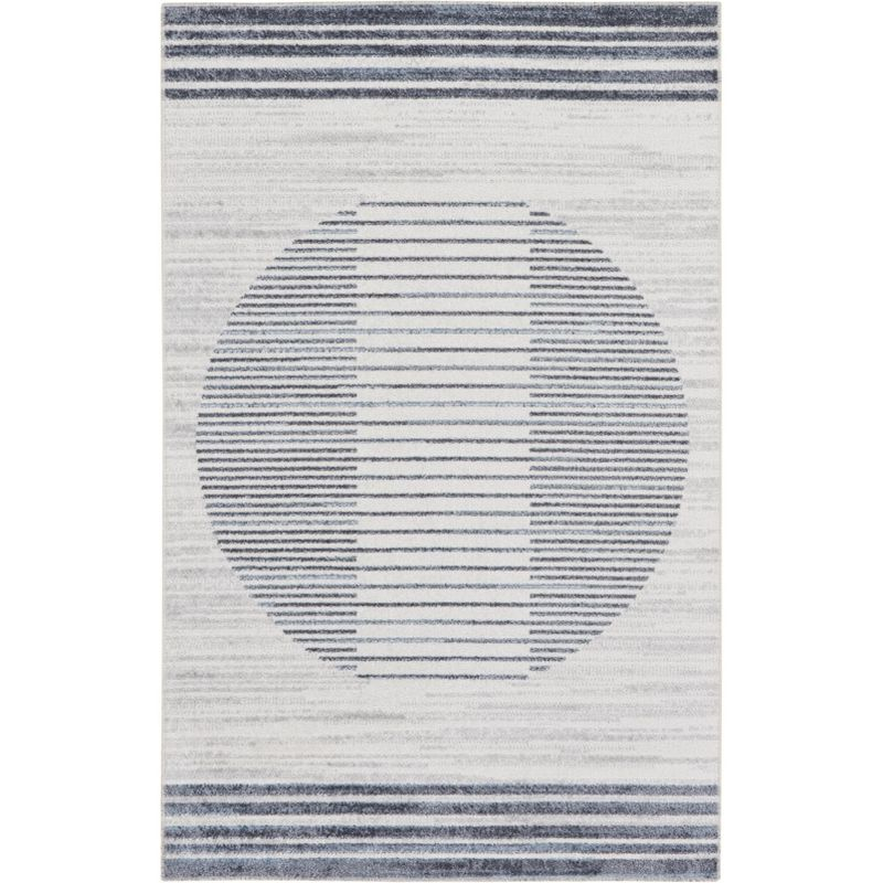 Nourison Astra Machine Washable Stripe Circle Mid-Century Modern Indoor Rug Ivory Blue 2'2" x 4'