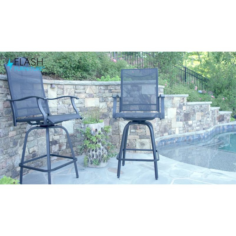 Flash Furniture Patio Bar Height Stools Set of 2, All-Weather Textilene Swivel Patio Stools and Deck Chairs with High Back & Armrests in Black