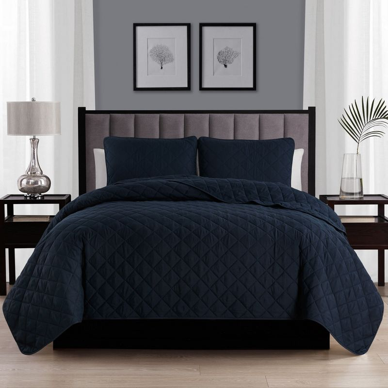 Swift Home | Essential Diamond Stitched 3-Piece Quilt Set Navy Twin/Twin XL