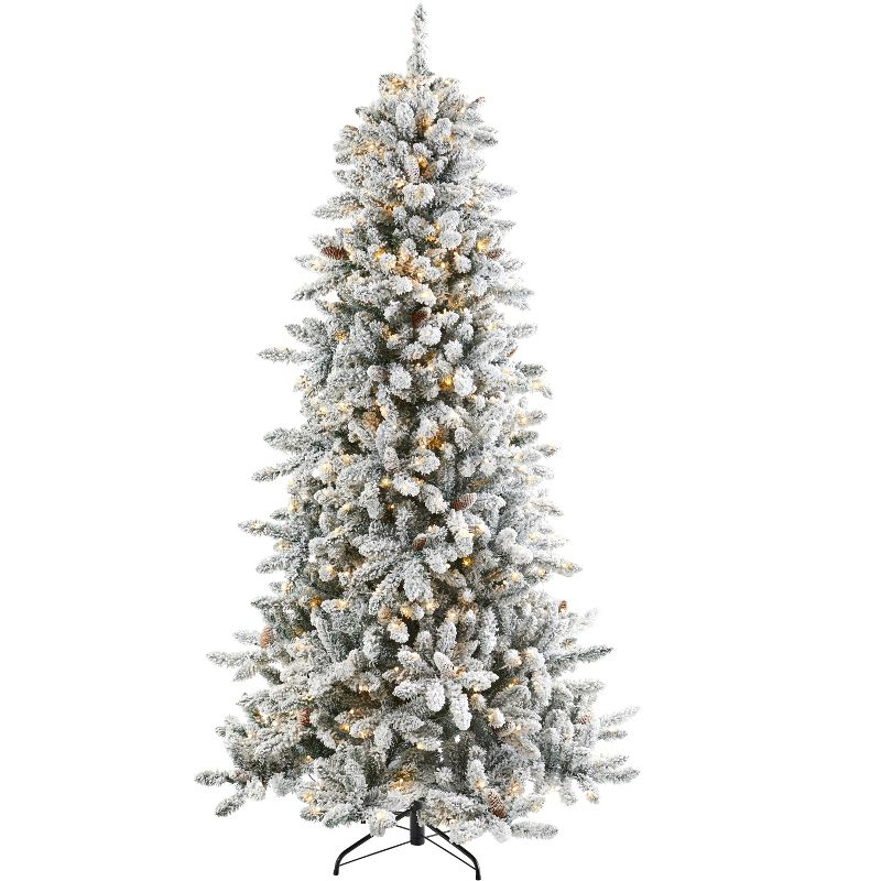 Nearly Natural 7.5' Pre-Lit LED Flocked Slim Livingston Fir with Pinecones, Electric Powered