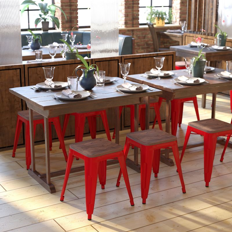 Flash Furniture 18" Backless Table Height Stool with Wooden Seat, Stackable Red Metal Indoor Dining Stool, Commercial Grade - Set of 4