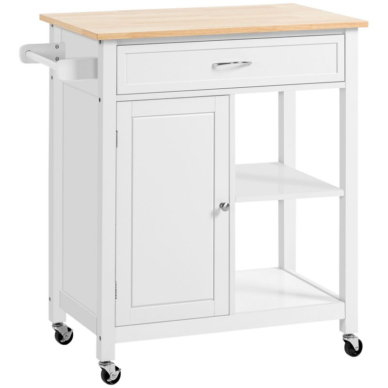 HOMCOM Rolling Kitchen Cart with Wood Top, Kitchen Island with Storage Drawer on Wheels for Dining Room, White
