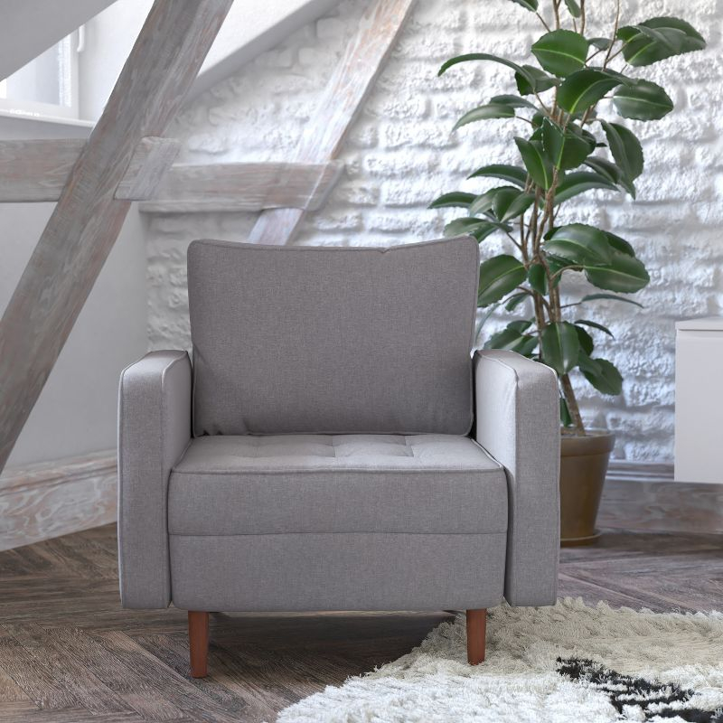 Flash Furniture Hudson Mid-Century Modern Commercial Grade Armchair with Tufted Faux Linen Upholstery & Solid Wood Legs in Slate Gray
