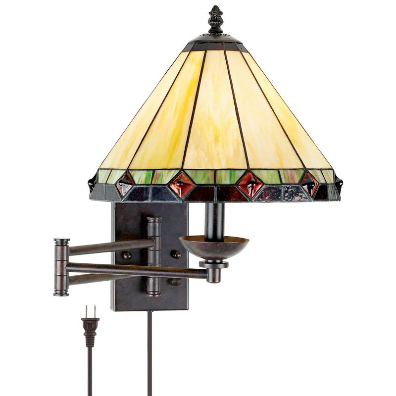 Robert Louis Tiffany Vintage Rustic Swing Arm Wall Lamp Bronze Plug-in Light Fixture Stained Glass for Bedroom Bedside Living Room Reading Home House