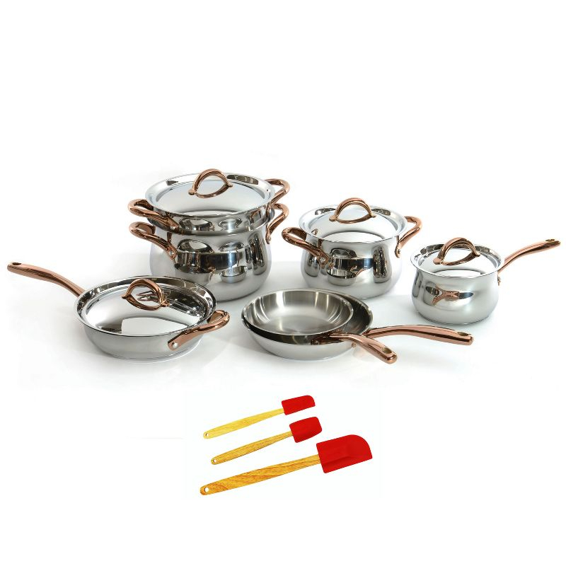 BergHOFF Ouro Gold 18/10 Stainless Steel 14Pc Cookware Set With Lids and Silicone Spatulas, Rose Gold Handle