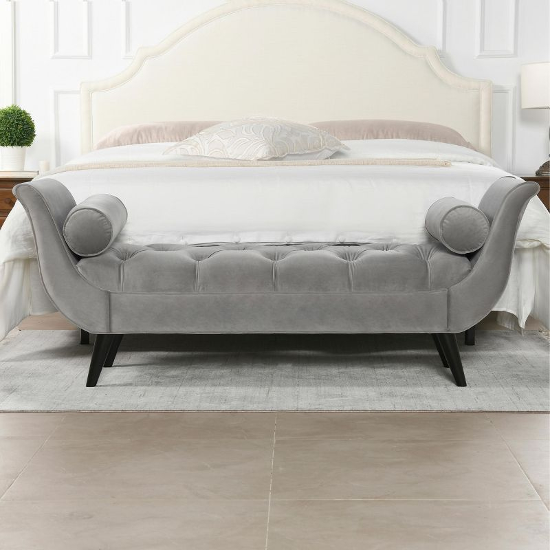 TiramisuBest Tufted Flared Arm Entryway Bench, Upholstered Long Accent Bench with Pillows, Solid Wood Legs,Gray, 64.5¡±