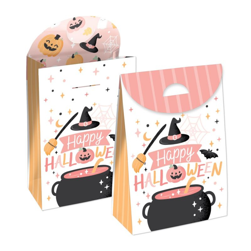 Big Dot of Happiness Pastel Halloween - Pink Pumpkin Party Gift Favor Bags - Party Goodie Boxes - Set of 12