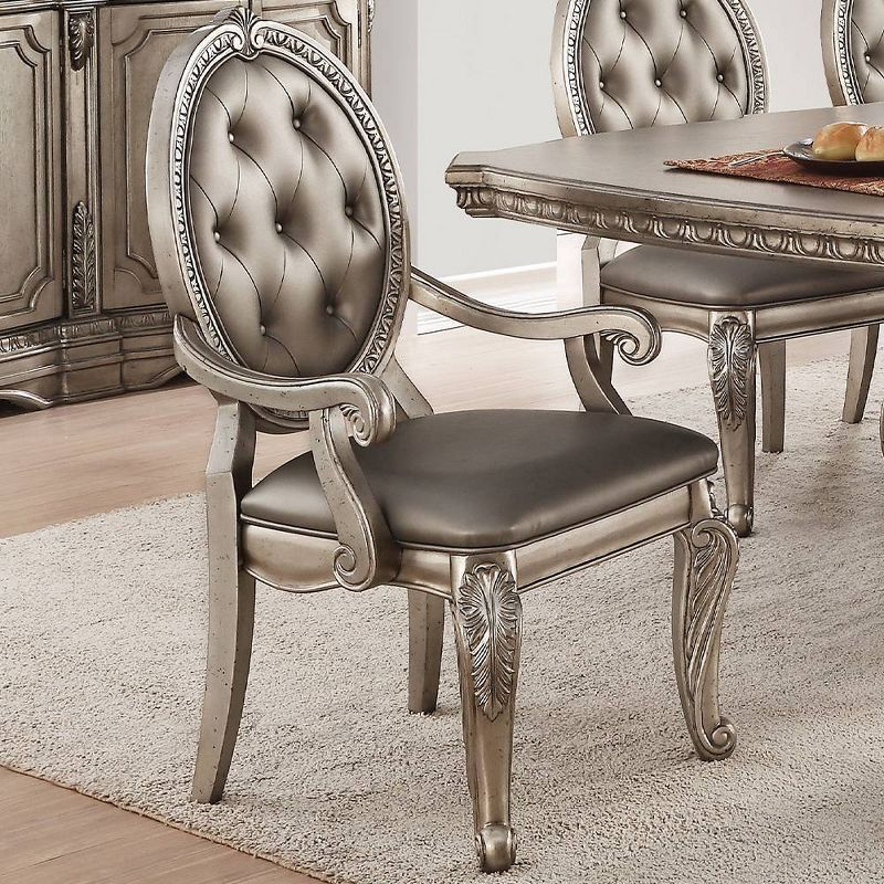 Set of 2 24" Northville PU Dining Chairs Antique Silver - Acme Furniture: Queen Anne Style, Tufted Back