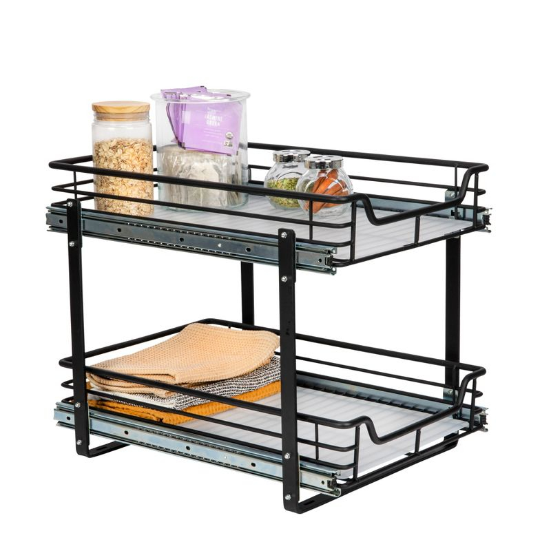 Glidez Multipurpose Paint-Finished Steel Pull-Out/Slide-Out Storage Organizer with Plastic Liners - Dual-Slide 2-Tier Design - Black