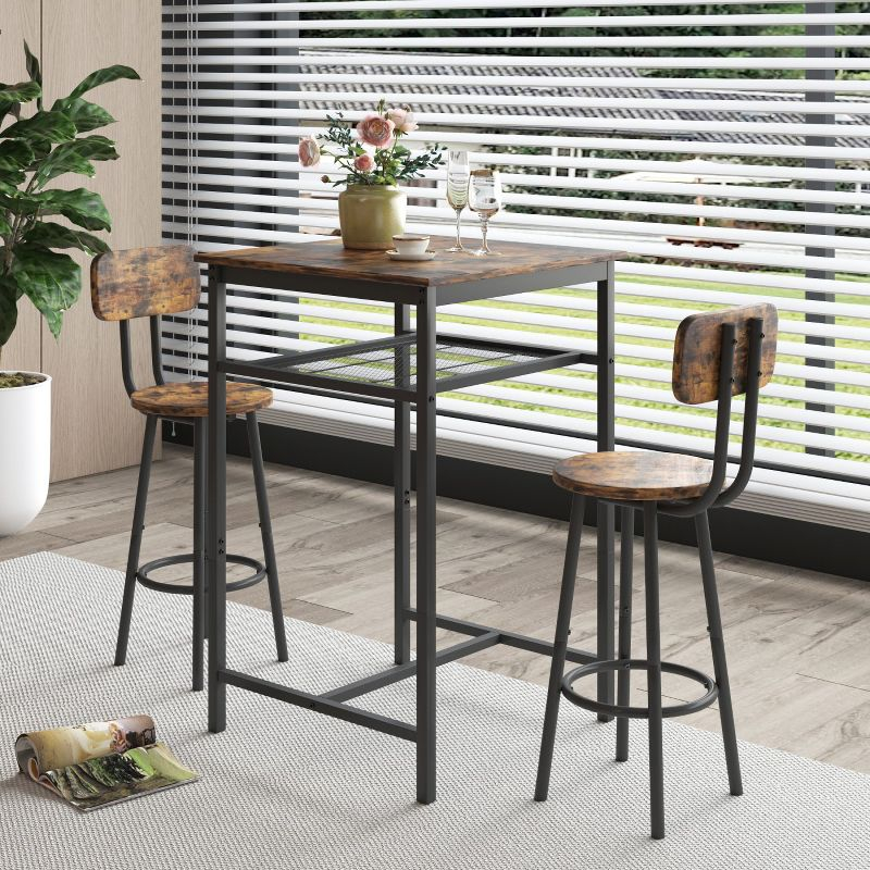 LOVMOR Modern 3 Pieces Bar Table Set with 2 Bar Stools, Backrest and Partition, for Apartment, Small Spaces, Brown