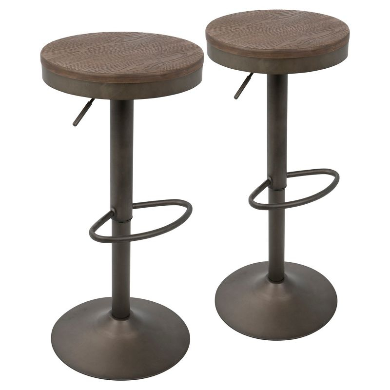 Set of 2 Dakota Adjustable Industrial Barstools Antiqued Wood - Lumisource: Metal Frame, 22.75" to 30.75" Height Range
