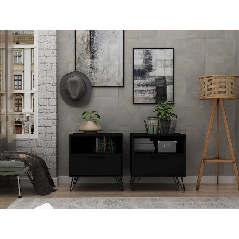 Set of 2 Rockefeller 1 Drawer Nightstands Black - Manhattan Comfort