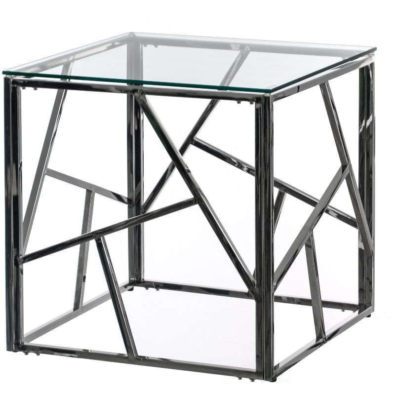 Fabulaxe Modern Square End Side Table, Tempered Glass Top Metal Coffee Table, Silver