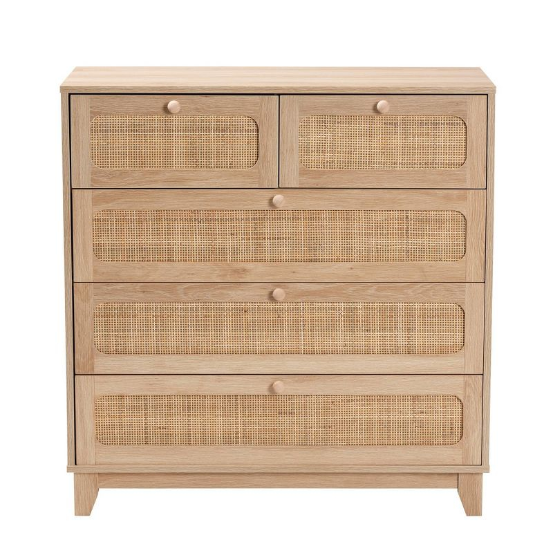 Elsbeth Wood and Natural Rattan 5 Drawer Storage Cabinet Oak Brown/Natural Brown - Baxton Studio