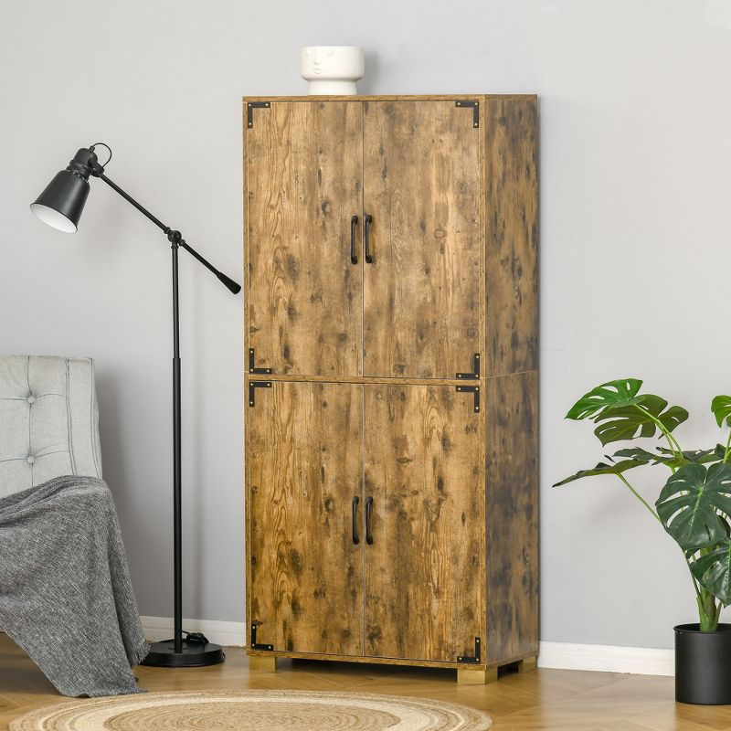 HOMCOM Industrial Style 4-Door Cabinet Pantry Cupboard with Storage Shelves for Bedroom and Living Room, Rustic Wood