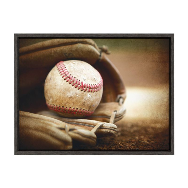 DesignOvation 18" x 24" Sylvie Baseball Glove Framed Canvas by Shawn St. Peter Gray: Vintage Sports Wall Art