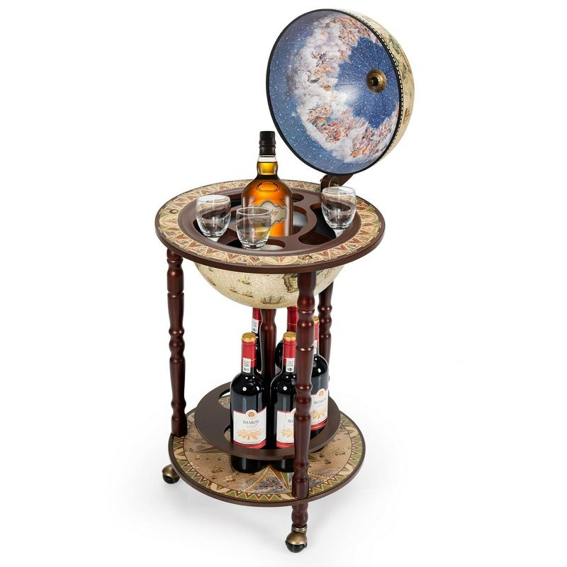 Tangkula 17" Wood Globe Wine Bar Stand 16th Century Italian Rack Liquor Bottle Shelf Cart