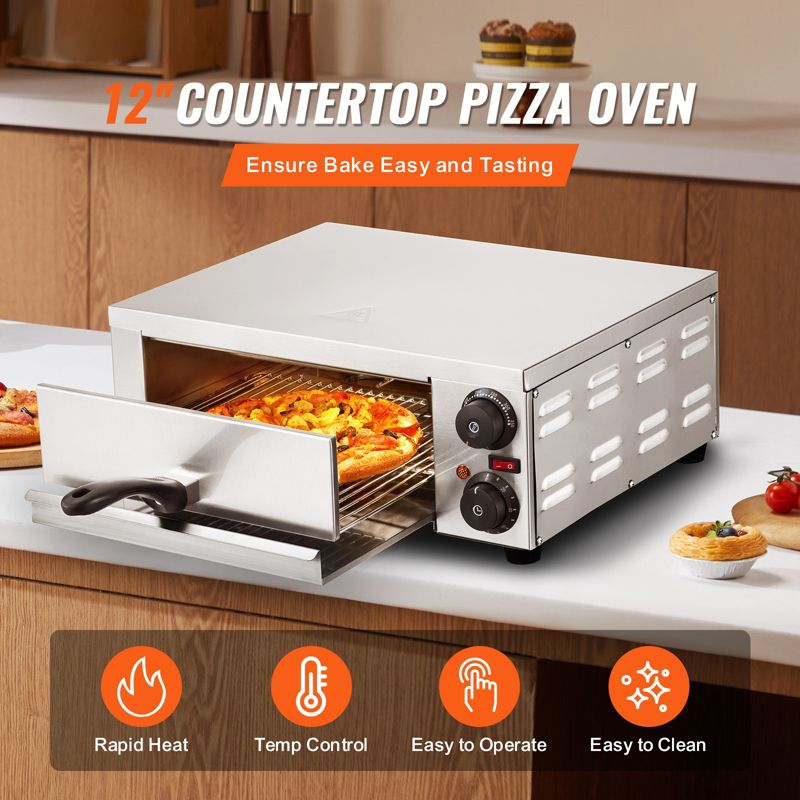 VEVOR Electric Pizza Oven for Countertops, 12-inch, 1500W, with Temp Control & 0-120 Min Timer, Even Baking Technology & Easy Clean Crumb Tray