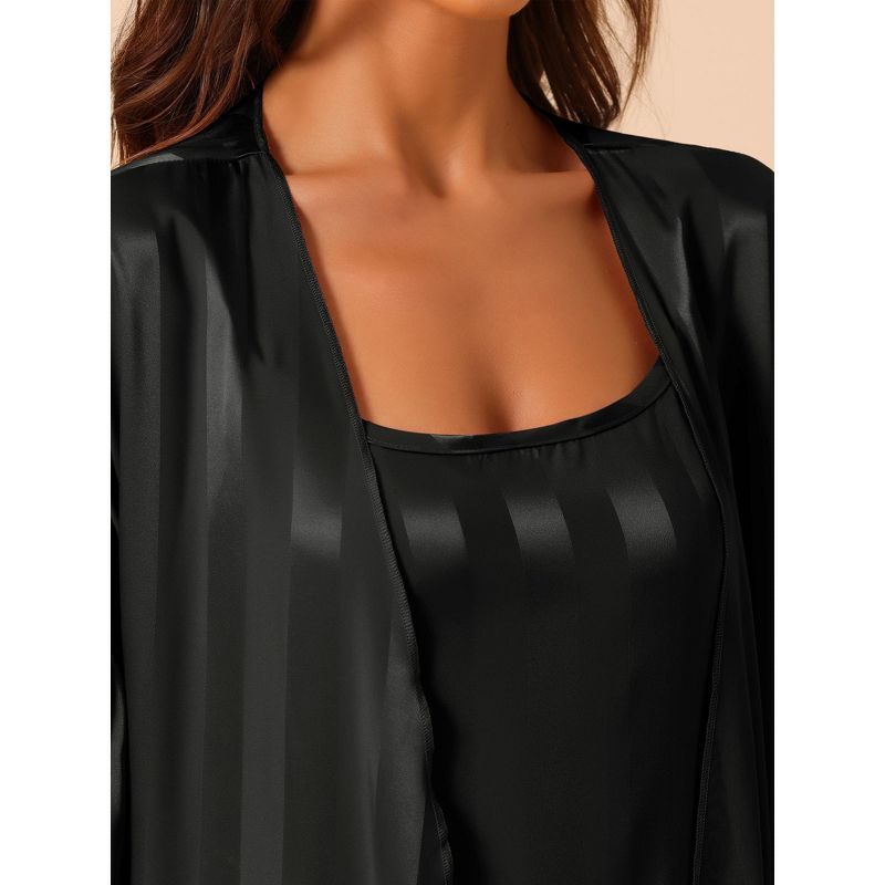 cheibear Women's 3/4 Sleeves Satin Silky Stripe 2 Pcs Pajamas Nightgowns with Robes Black X-Small