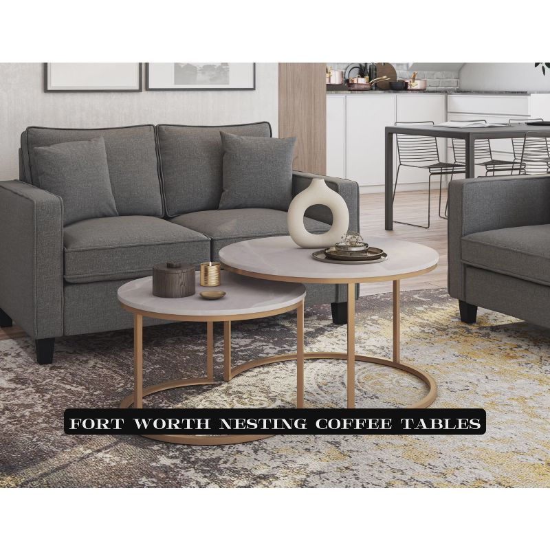 Set of 2 Marbled Finish Forth Worth Round Nesting Coffee Table White - CorLiving: Black Metal Legs, Accent Furniture