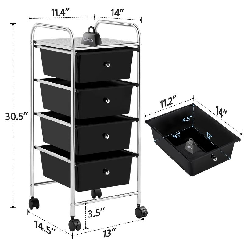 Yaheetech 4 Drawers Rolling Storage Cart Metal Frame Plastic Drawers for Office Home Study,Black