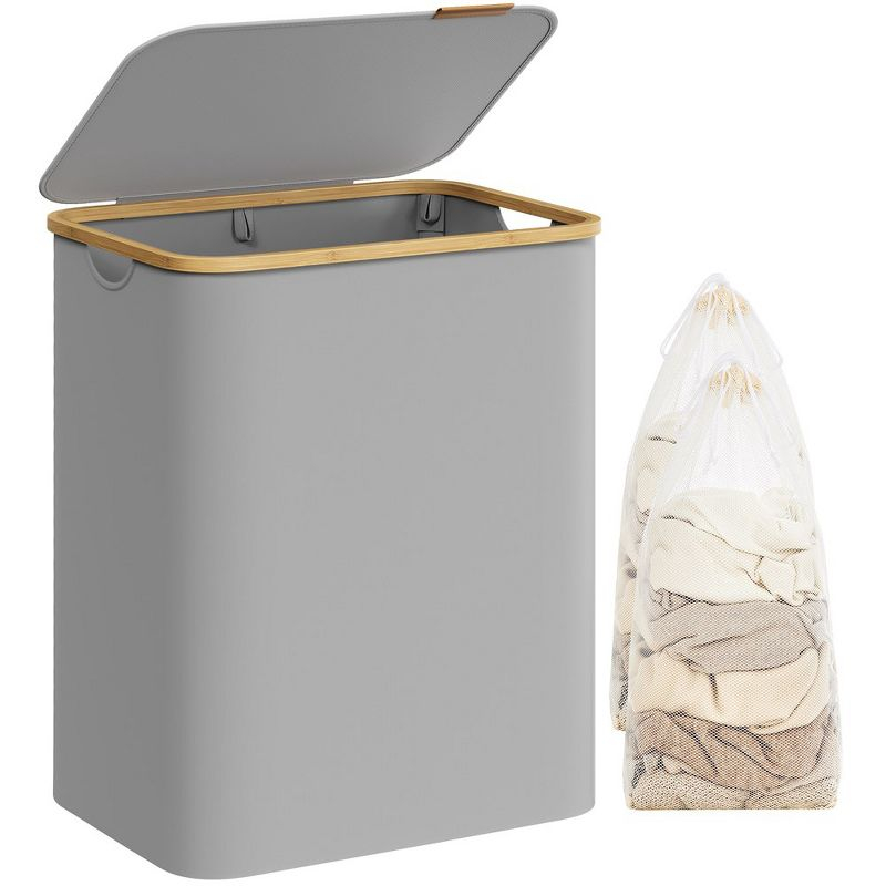 SONGMICS Laundry Hamper with Lid, 2-Section Large Laundry Basket, 34.3-gallon (130L), Removable Mesh Liner, Bamboo Handles, Collapsible, Dove Gray