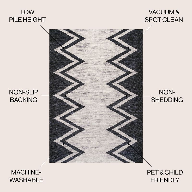 5' x 8' Siksak Modern Chevron Border Machine-Washable Area Rug, Ivory/Black - JONATHAN Y