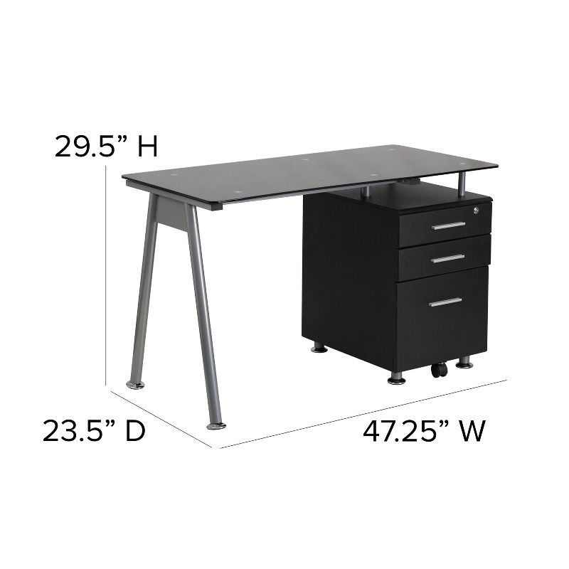 Emma and Oliver Black Glass Computer Desk with Three Drawer Pedestal