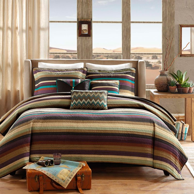 Madison Park 5pc Twin/Twin Extra Long Reyes Reversible Quilted Coverlet Set Purple/Cream/Black: Microfiber Stripe Design with Decorative Pillows