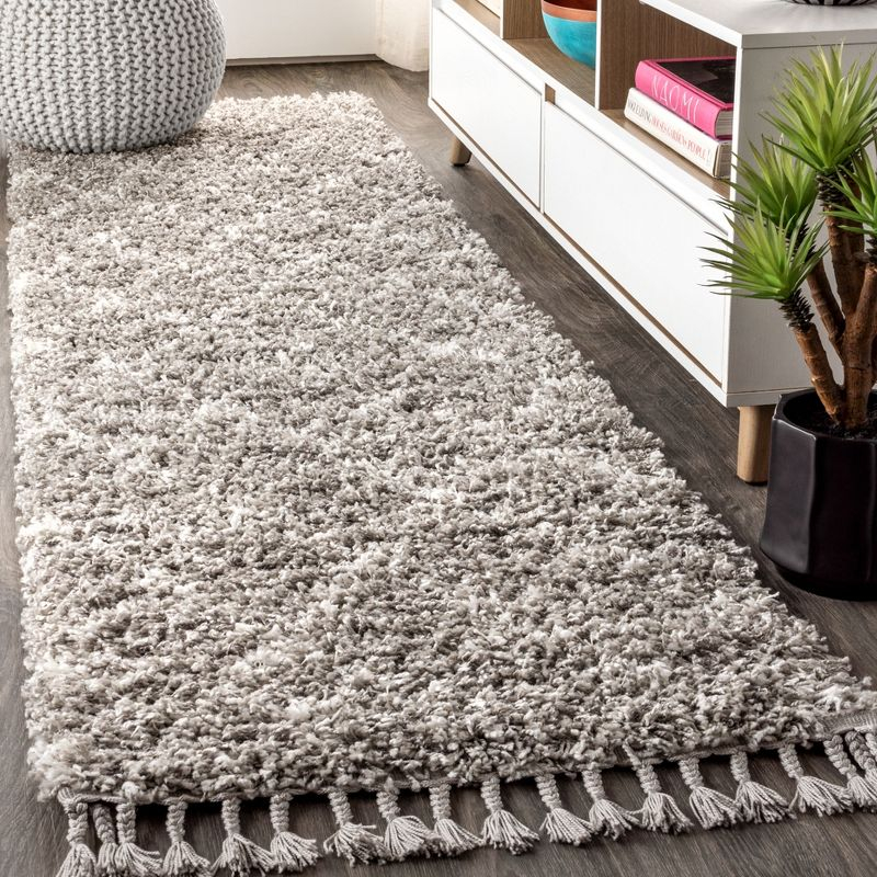 2'x8' Mercer Shag Plush Tassel Moroccan Geometric Trellis Area Rug, Grey/Cream - JONATHAN Y