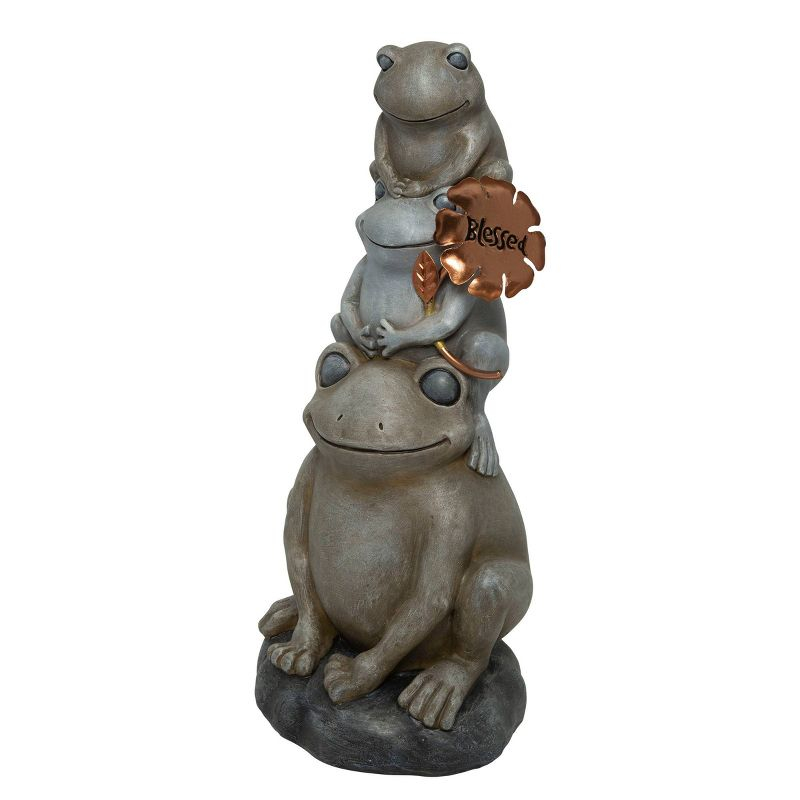 18" Polyresin Stacked Frogs with Flower Indoor/Outdoor Decorative Garden Statue Heathered Gray/Olive Green - Alpine Corporation