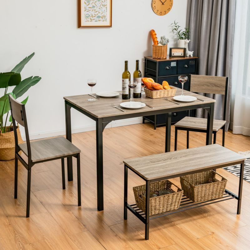 Costway 4pcs Dining Table Set Rustic Desk 2 Chairs & Bench w/ Storage Rack Grey