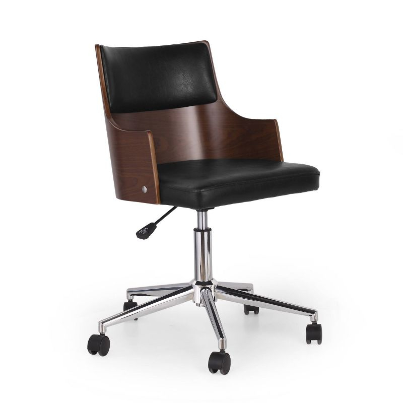 Christopher Knight Home Rhine Mid-Century Modern Upholstered Swivel Office Chair Midnight Black/Walnut: Chrome Base, Ergonomic Design with Casters