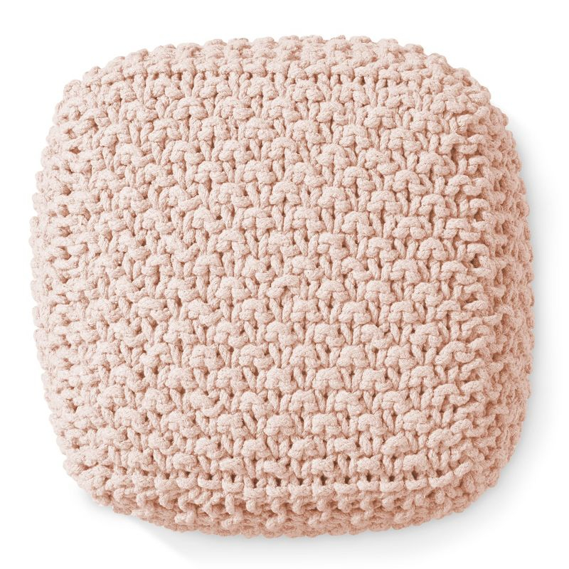 Casafield Square Pouf Ottoman, Light Pink - 18.5" W x 18.5" D x 14.5" H Cotton Knit Foot Stool - Boho Floor Pouffe for Living Room