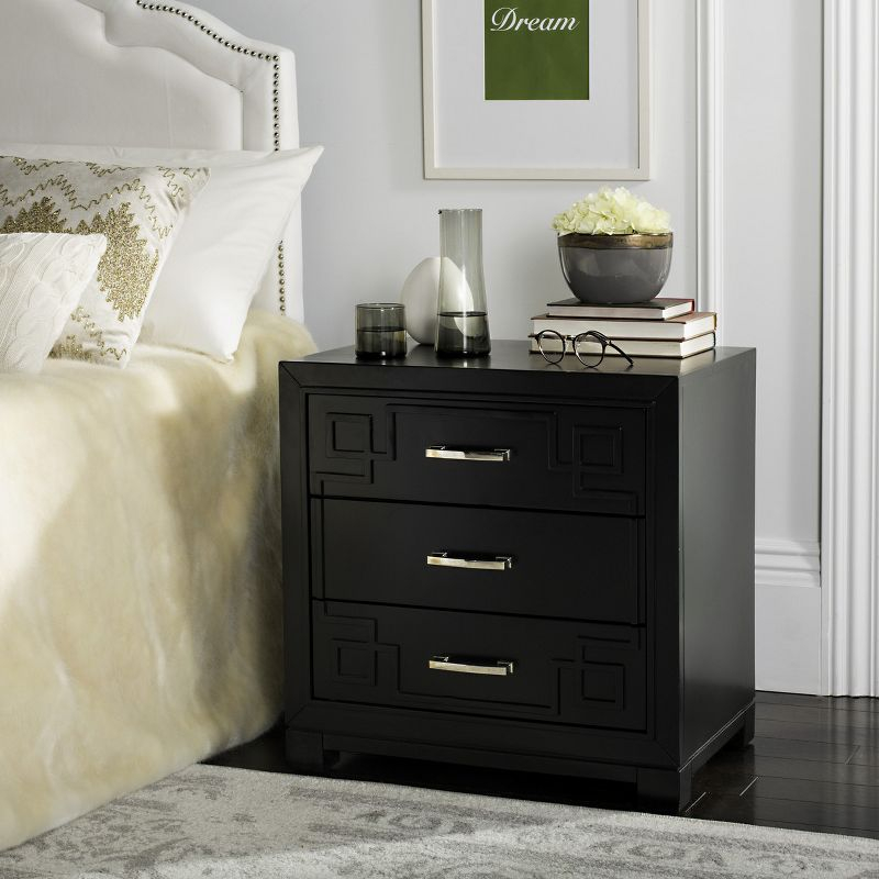 Raina 3 Drawer Greek Key Nightstand - FOX6278 - Black - Safavieh Couture