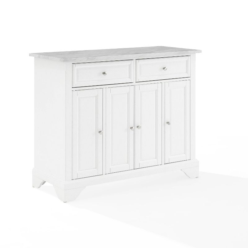Avery Kitchen Island/Cart Distressed White/White Marble - Crosley: Adjustable Shelves, Particle Board Frame, 6 Shelves, 2 Drawers