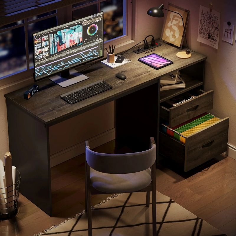 Bestier 60 Inch Home Office Desk with Power OutLets Rustic Brown