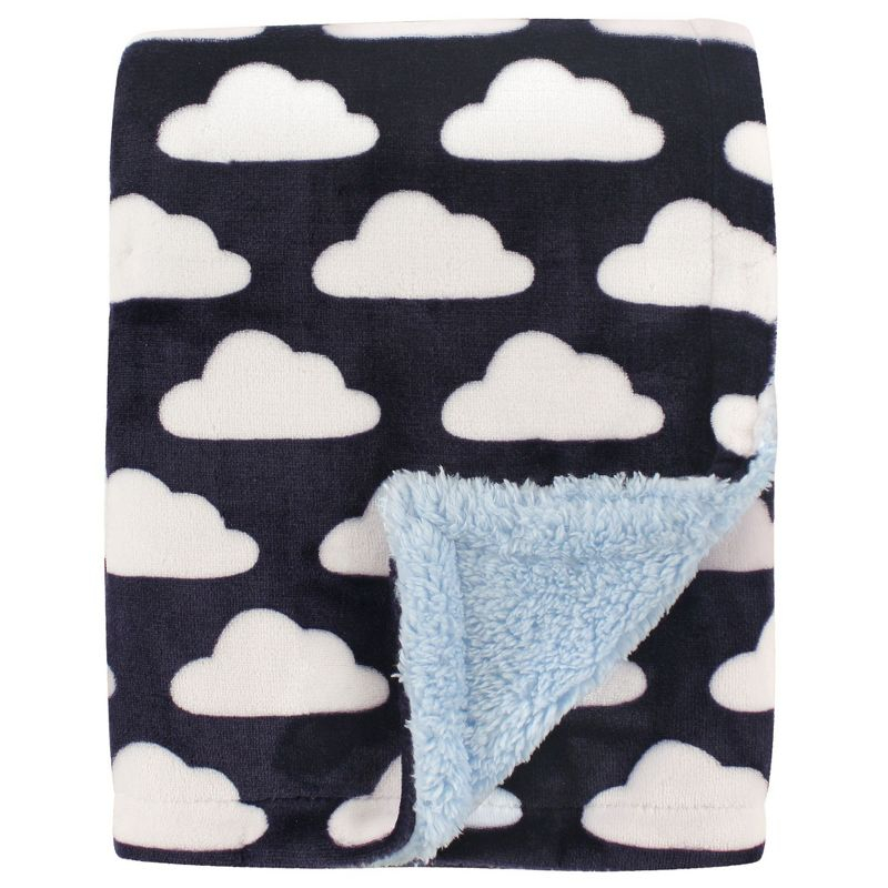 Hudson Baby Infant Boy Plush Blanket with Faux Shearling Back, Navy Clouds, One Size