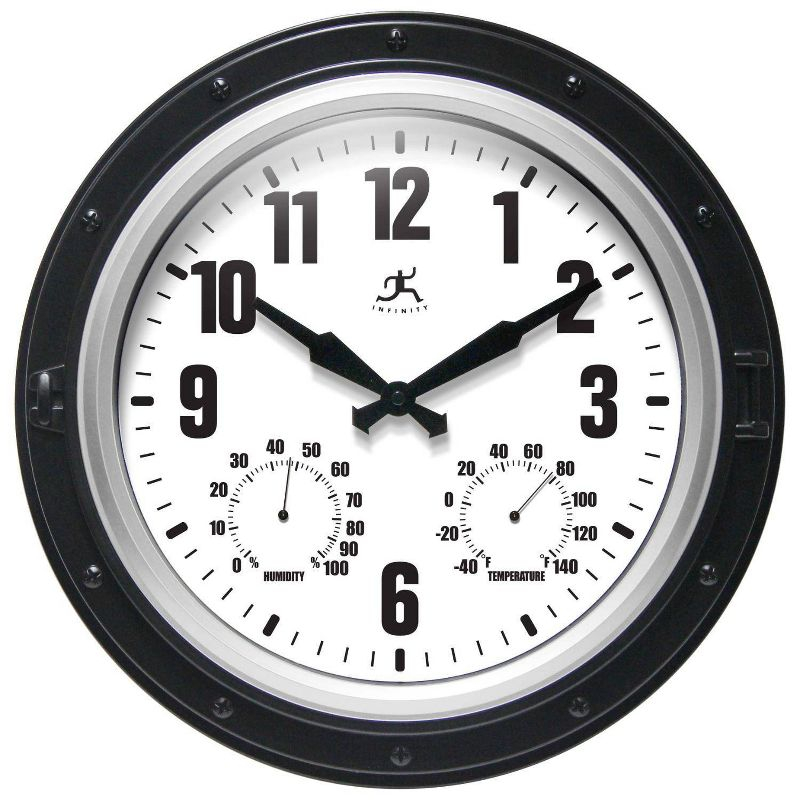 16" Forecaster Wall Clock Silver - Infinity Instruments: Modern Analog, Outdoor Use, Thermometer Feature