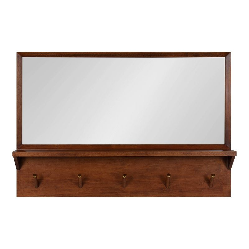 24" x 36" Hinter Functional Wall Mirror Walnut Brown - Kate & Laurel All Things Decor: Mid-Century, Storage Shelf, Hanging Hooks