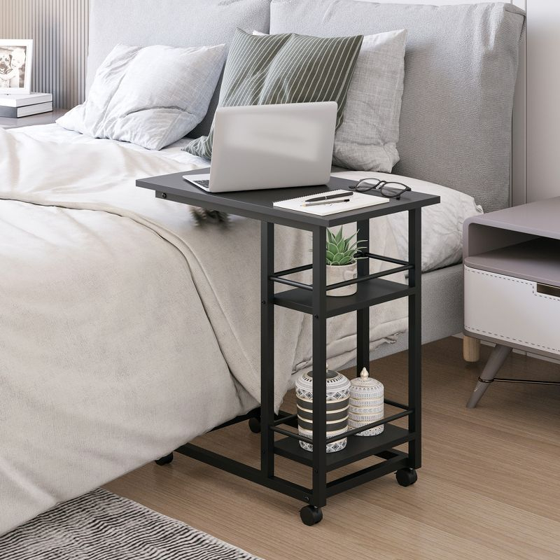 HOMCOM C Shaped End Table with Storage Shelves, Mobile Side Table with Wheels for Sofa Couch, Bed, Metal Frame