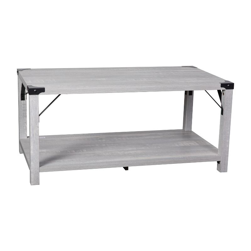 Flash Furniture Wyatt Modern Farmhouse Wooden 2 Tier Coffee Table with Black Metal Corner Accents and Cross Bracing, Aspen Gray
